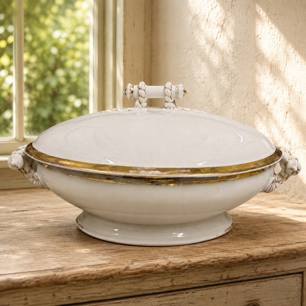 Antique Haviland Limoges Oval Covered Vegetable Serving Dish Gold Trim White